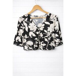 Christian Siriano Scallopped Cropped Linen Black white Floral tie front blouse